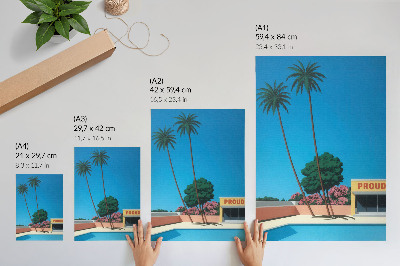 Poster rezistent pentru perete Piscină în stil modern cu palmieri și cer albastru