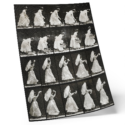 Poster în culori saturate Femeie ridicând un coș, fluturând o batistă (1887) – fotografie de Eadweard Muybridge