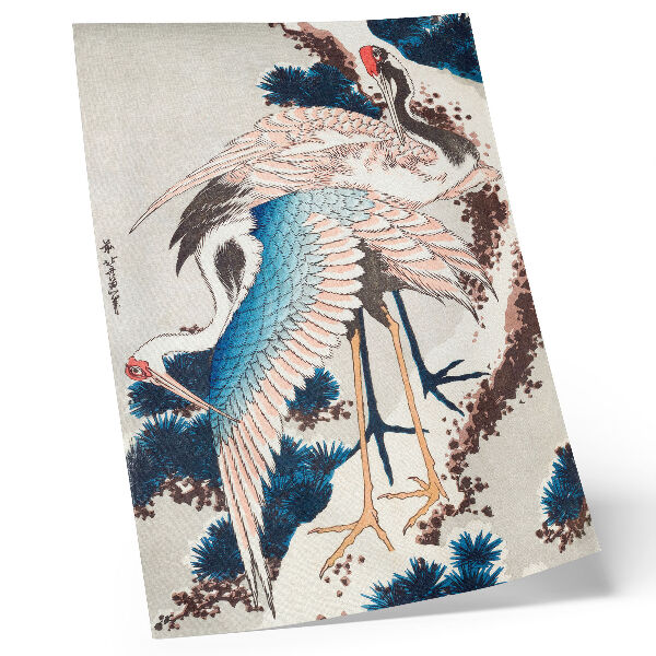 Poster în culori saturate Cocoșuri într-un copac acoperit de zăpadă de Katsushiki Hokusai (1834), xilogravură de epocă