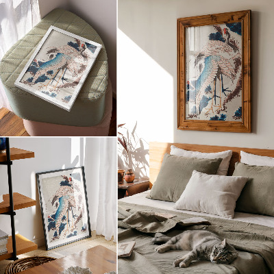 Poster în culori saturate Cocoșuri într-un copac acoperit de zăpadă de Katsushiki Hokusai (1834), xilogravură de epocă