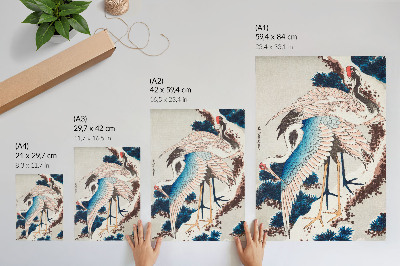 Poster în culori saturate Cocoșuri într-un copac acoperit de zăpadă de Katsushiki Hokusai (1834), xilogravură de epocă