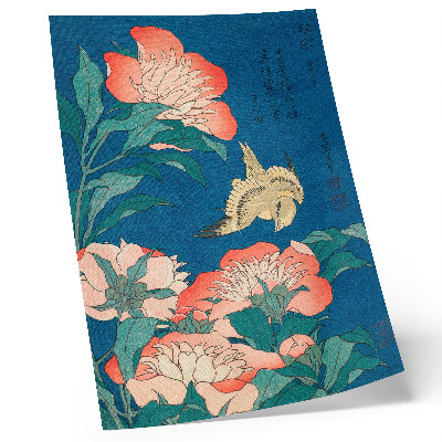 Poster rezistent pentru perete Bujori și un canar de Katsushiki Hokusai (1834) – xilogravură de epocă