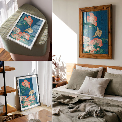 Poster rezistent pentru perete Bujori și un canar de Katsushiki Hokusai (1834) – xilogravură de epocă