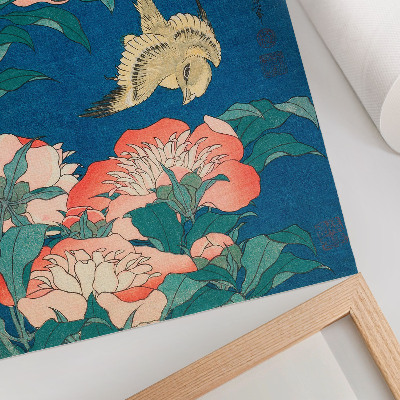 Poster rezistent pentru perete Bujori și un canar de Katsushiki Hokusai (1834) – xilogravură de epocă