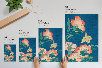 Poster rezistent pentru perete Bujori și un canar de Katsushiki Hokusai (1834) – xilogravură de epocă