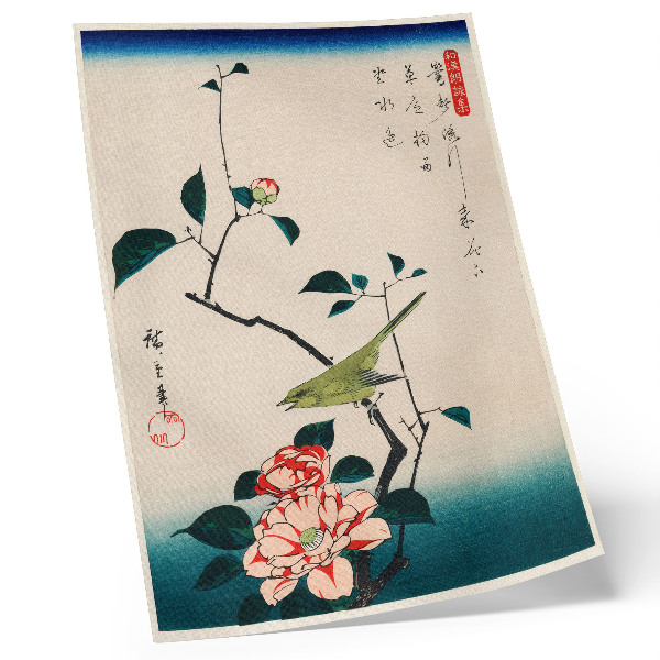 Poster rezistent pentru perete Ilustrație Ukiyo-e a cameliei și privighetoarei de Utagawa Hiroshige (1797-1858)
