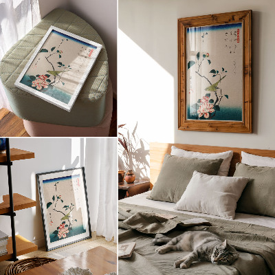 Poster rezistent pentru perete Ilustrație Ukiyo-e a cameliei și privighetoarei de Utagawa Hiroshige (1797-1858)