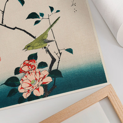 Poster rezistent pentru perete Ilustrație Ukiyo-e a cameliei și privighetoarei de Utagawa Hiroshige (1797-1858)
