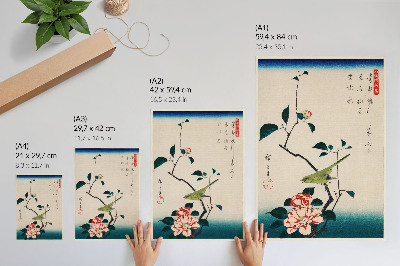 Poster rezistent pentru perete Ilustrație Ukiyo-e a cameliei și privighetoarei de Utagawa Hiroshige (1797-1858)