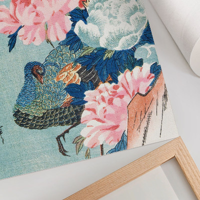 Poster în culori saturate Păun și bujori, gravură japoneză vintage pe lemn de Utagawa Hiroshige
