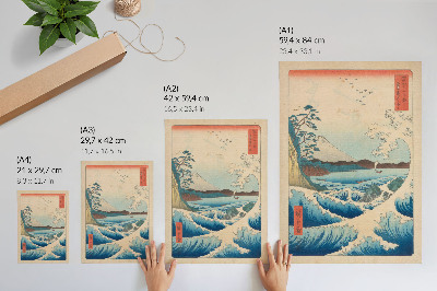 Poster în culori saturate Un val mare pe plaja Satta din Suruga, din seria Treizeci și șase de vederi ale lui Fuji (Fuji Sanjuroku Kei) de Utagawa Kuniyos