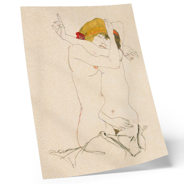 Grafică modernă pe pânză Două femei îmbrățișându-se (1913) de Egon Schiele – un desen feminin cu linii din colecția MET