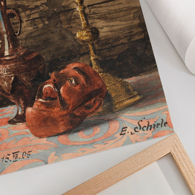 Grafică modernă pe pânză Natură statică cu sfeșnic, vază și mască de Egon Schiele