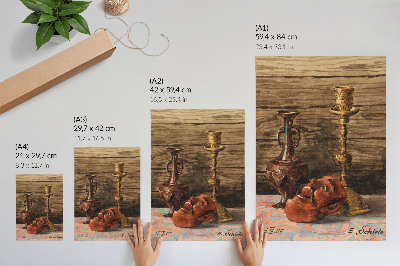 Grafică modernă pe pânză Natură statică cu sfeșnic, vază și mască de Egon Schiele