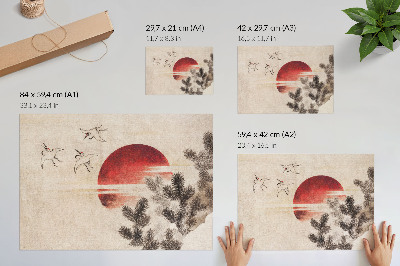 Poster Păsări și apus de soare de Katsushika Hokusai din Albumul schițelor (1814), gravură japoneză de epocă pe lemn