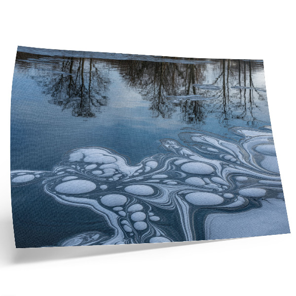 Poster Gheață pe lac, reflexii ale copacilor, tonuri de albastru