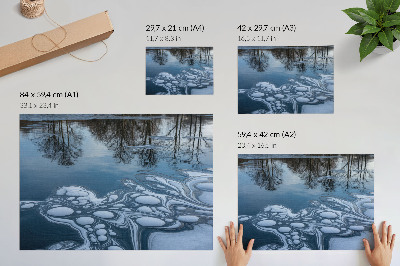 Poster Gheață pe lac, reflexii ale copacilor, tonuri de albastru