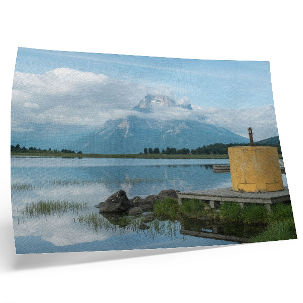 Poster retro Munți, lac, nori, pod