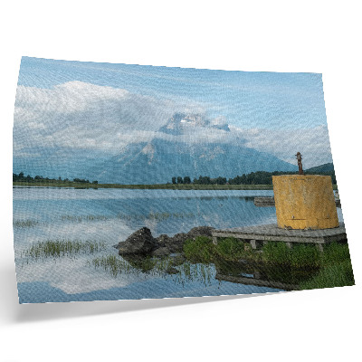 Poster retro Munți, lac, nori, pod