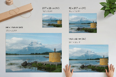 Poster retro Munți, lac, nori, pod