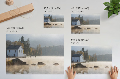 Poster pentru perete Peisaj cețos lac cabană copaci toamnă