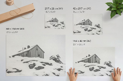 Poster O casă minimalistă de iarnă pe fundalul zăpezii