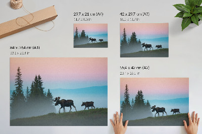 Poster pentru perete Elan dimineața pe fundalul ceții și copacilor
