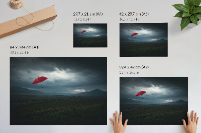 Poster retro Umbrelă roșie nori întunecați peisaj muntos
