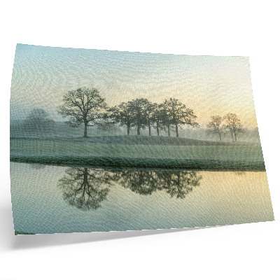 Poster retro Suprafață calmă a apei, reflexie a copacilor, ceață moale
