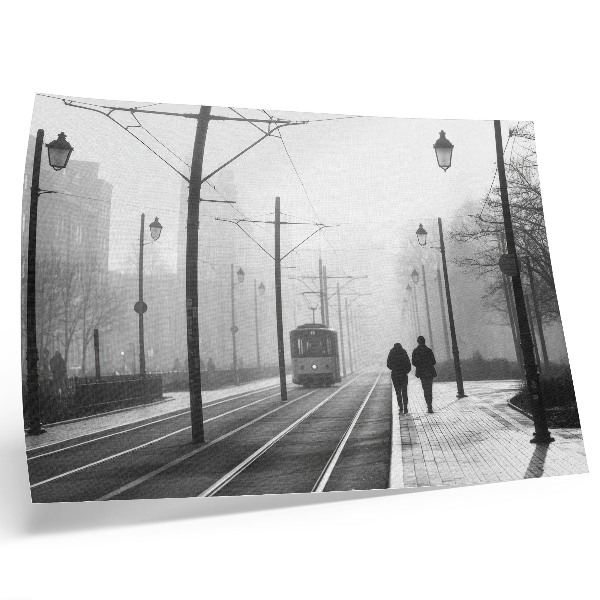 Poster Tramvai ceață felinare stradale atmosferă urbană