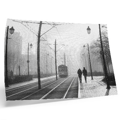 Poster Tramvai ceață felinare stradale atmosferă urbană