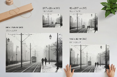 Poster Tramvai ceață felinare stradale atmosferă urbană
