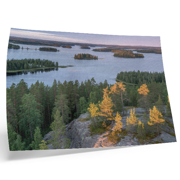Poster pentru perete Insulă pădure de pini lac cer pastel