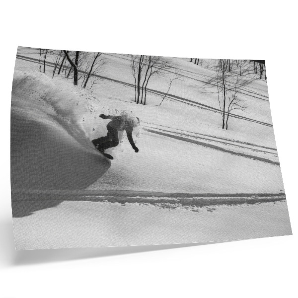 Poster pentru perete Snowboarder în acțiune, copaci de zăpadă, contraste