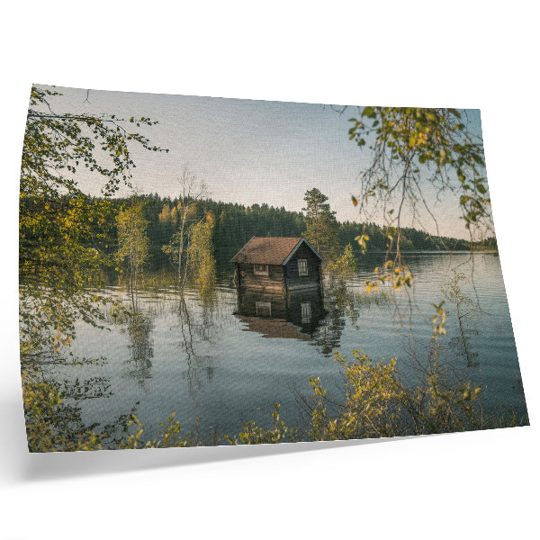 Poster pentru perete Cabană lac cu reflecție de apă în pădure și pace