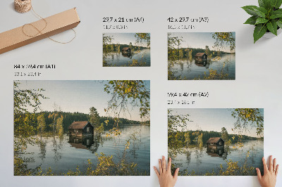 Poster pentru perete Cabană lac cu reflecție de apă în pădure și pace