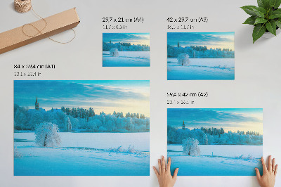 Poster retro Peisaj de iarnă, calm, cer, lac, copaci