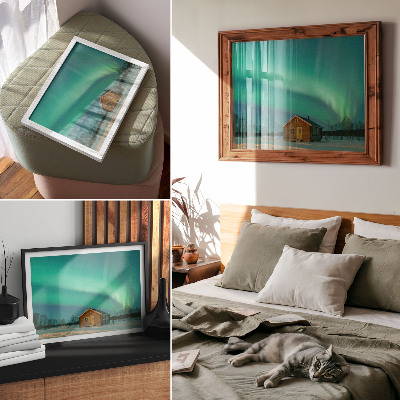 Poster Aurora boreală peste cabana de iarnă