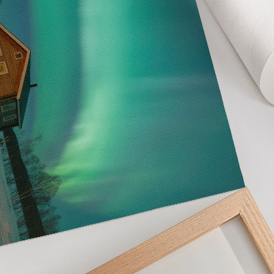 Poster Aurora boreală peste cabana de iarnă