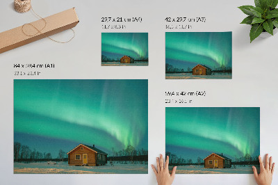 Poster Aurora boreală peste cabana de iarnă