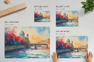 Poster Reflexii urbane ale apei pe podul cu acuarelă