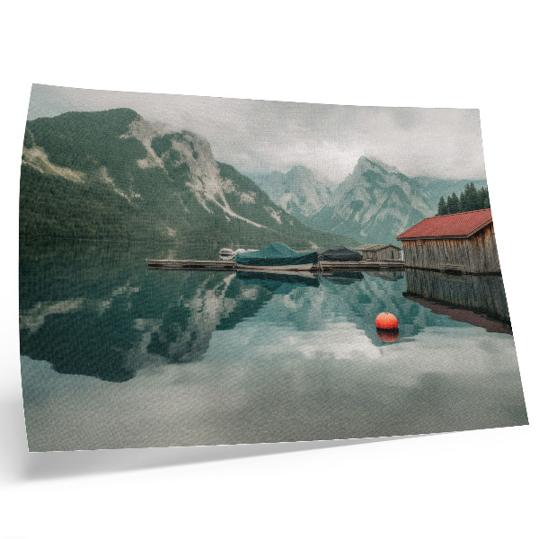 Poster retro Reflecție lac de munte pace bărci de lemn