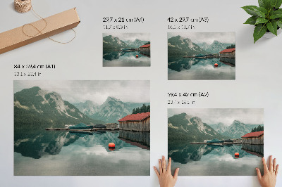 Poster retro Reflecție lac de munte pace bărci de lemn