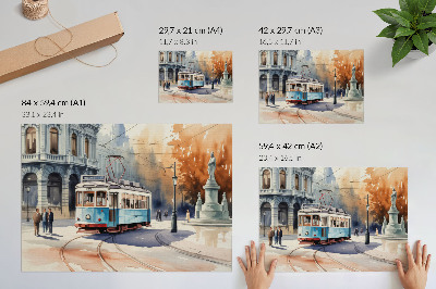Poster Tramvai urban vintage în acuarelă elegantă