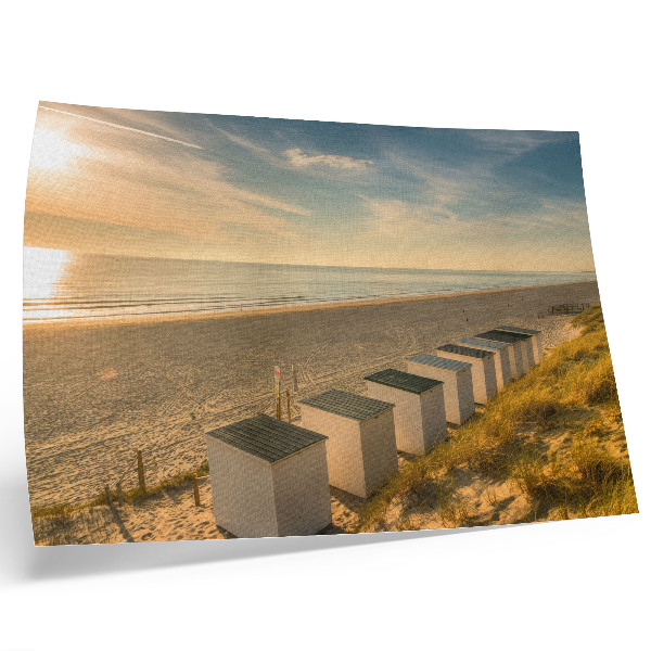 Poster retro Case albe cu vedere la mare și apus de soare