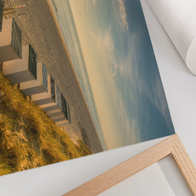 Poster retro Case albe cu vedere la mare și apus de soare