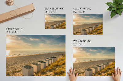 Poster retro Case albe cu vedere la mare și apus de soare