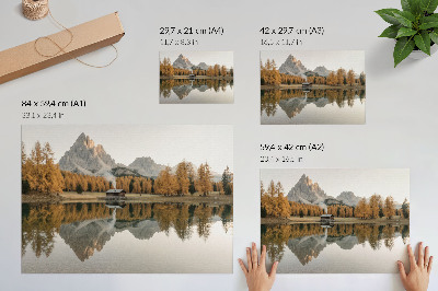 Poster Munți, reflecție, cabană, copaci aurii, lac liniștit