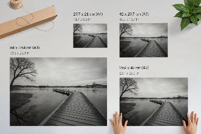 Poster Peisaj alb-negru debarcader din lemn lac calm