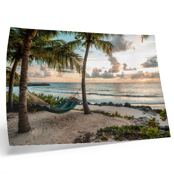 Poster retro Palmieri tropicali pe plajă, hamac, oază de relaxare